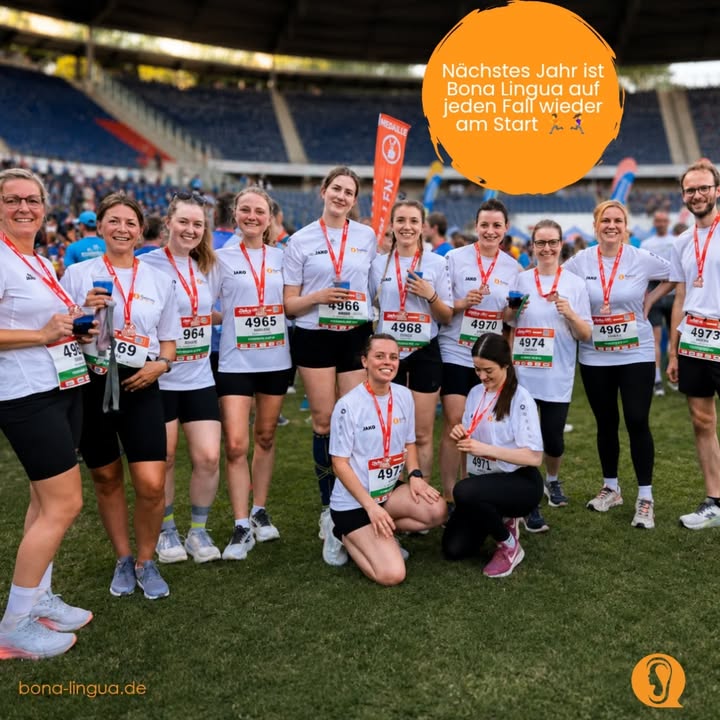Eine Gruppe von Menschen, die auf einem Sport-Event teilnehmen, posieren für eine Foto.